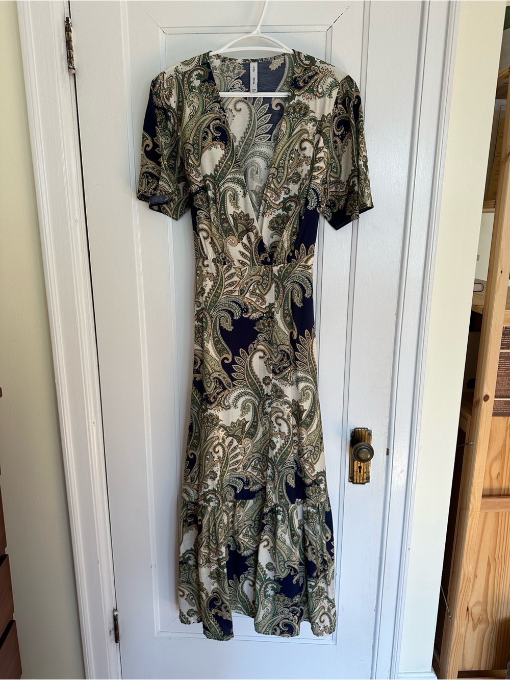 Mango Paisley Wrap-Style Midi Dress in Navy and Cream